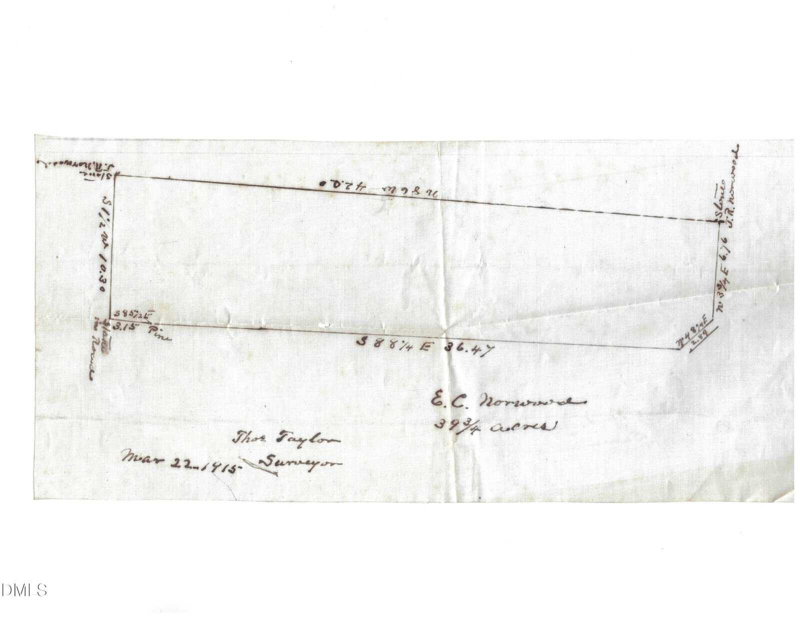 Hand-drawn land survey map with measurements along the borders, a north arrow, and text indicating “E.C. Norwood, 397 1/2 acres,” dated March 22, 1845, and signed “This Taylor, Surveyor.”.