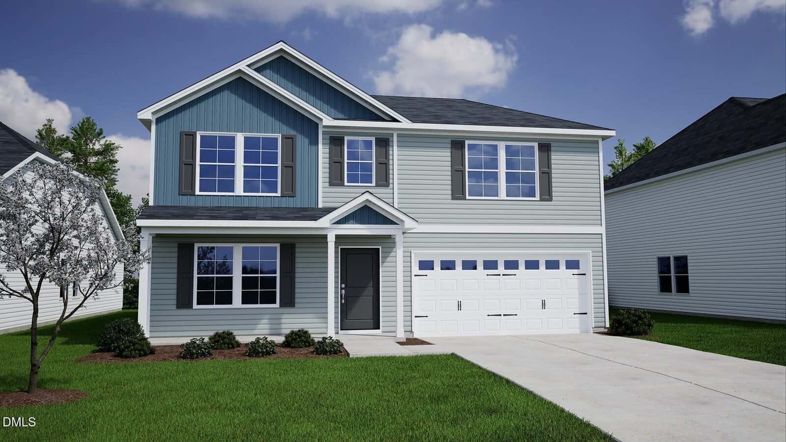 Two-story suburban house at 13 Heartleaf Square, Youngsville, featuring blue and light gray siding, a dark shingle roof, double garage, and white trim. There is a small front yard with a tree, shrubs, and a concrete driveway leading to the garage.