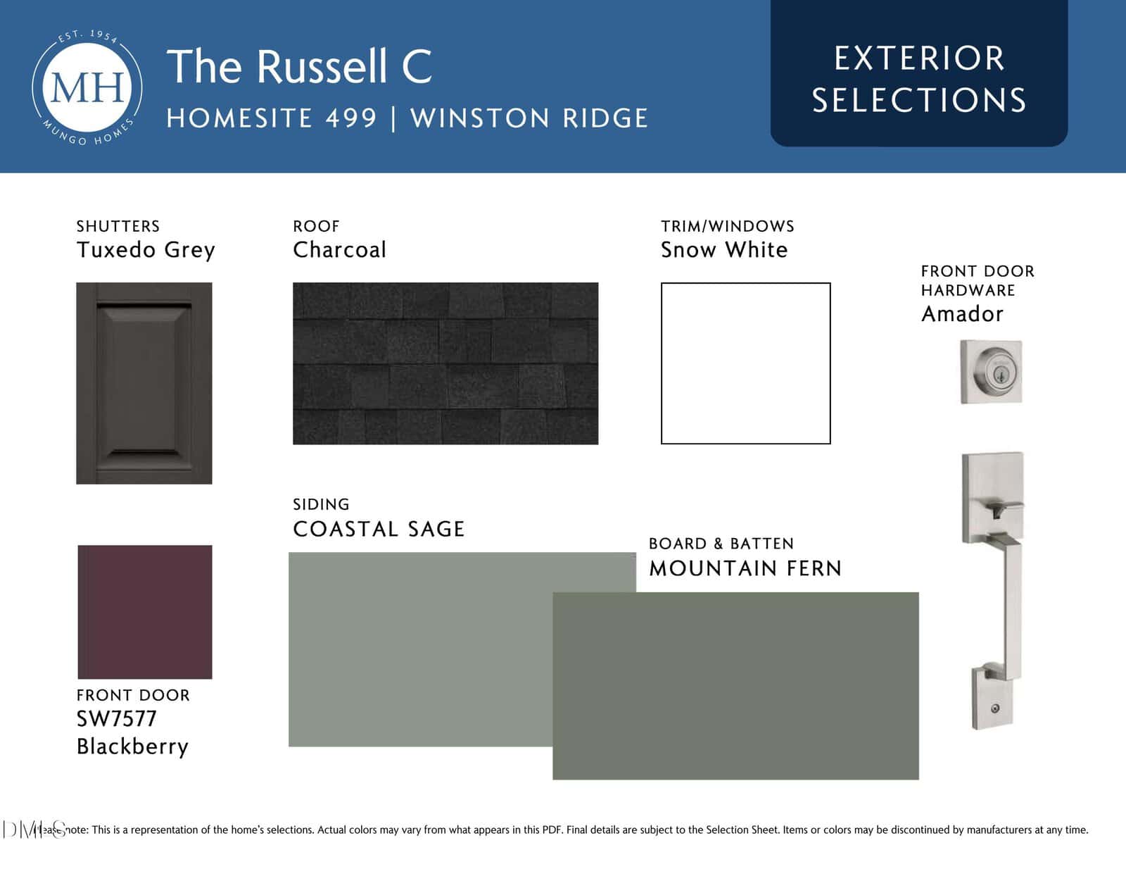 A selection board showing exterior finishes for The Russell C home, including samples for shutters, roof, trim, door, siding, and hardware in grey, charcoal, sage, fern, snow white, and blackberry colors.