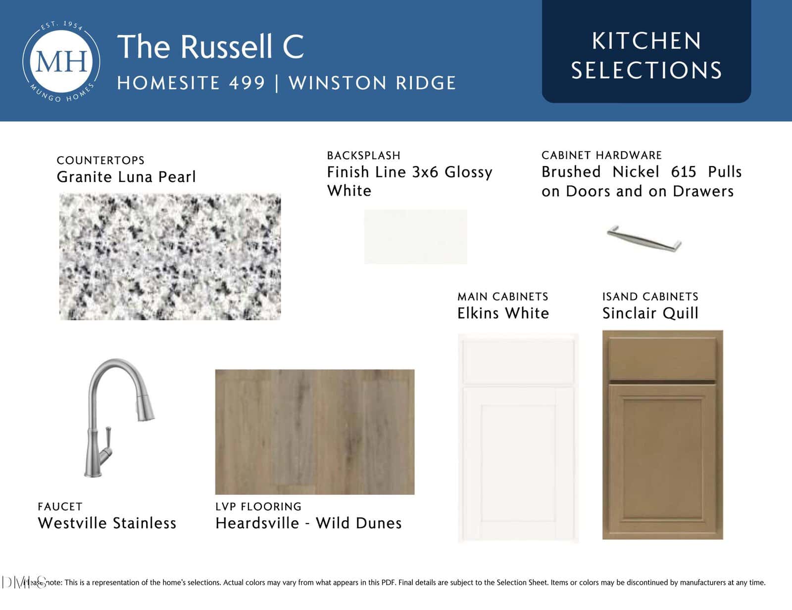Design board for a kitchen selection featuring granite countertop, white glossy backsplash, brushed nickel cabinet hardware, stainless steel faucet, wood-look flooring, and light and dark cabinet options.