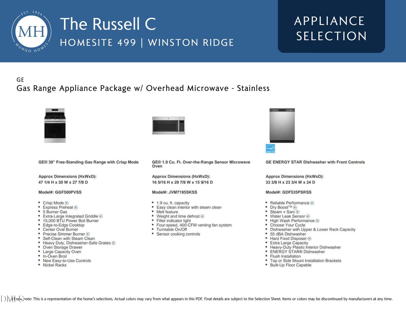 A brochure page displays appliance package details for the Russell C home. It lists specifications for a gas range, overhead microwave, and dishwasher, with small images and text descriptions for each stainless steel appliance.