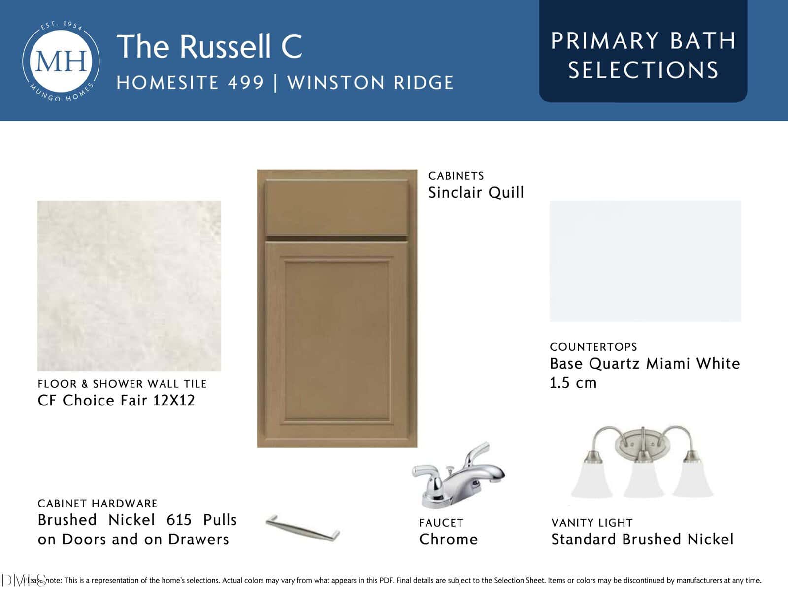 Primary bath selections board showing Sinclair Quill cabinets, Miami White quartz countertops, CF Choice Fair 12x12 floor tile, brushed nickel cabinet hardware and vanity light, and a chrome faucet.