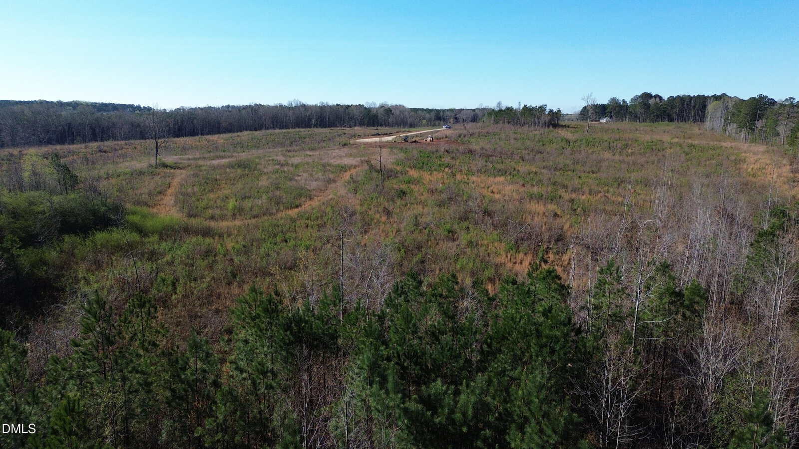 Aerial view of a large, open, grassy field with patches of trees and shrubs under a clear blue sky, surrounded by forested areas in the distance.