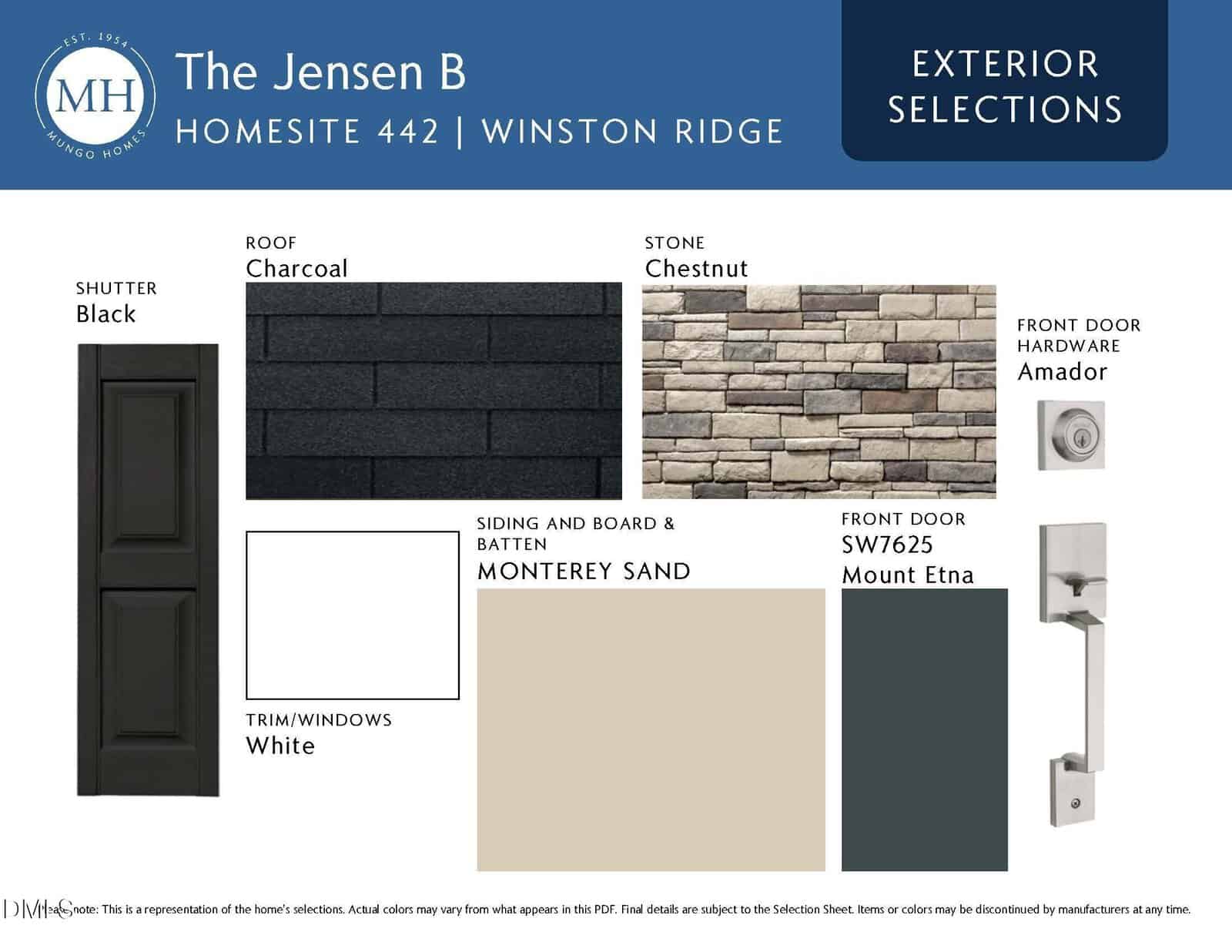 A selection board displays exterior finishes: black shutter, charcoal roof, chestnut stone, Amador front door hardware, white trim, Monterey Sand siding, and a front door in SW7625 Mount Etna.
