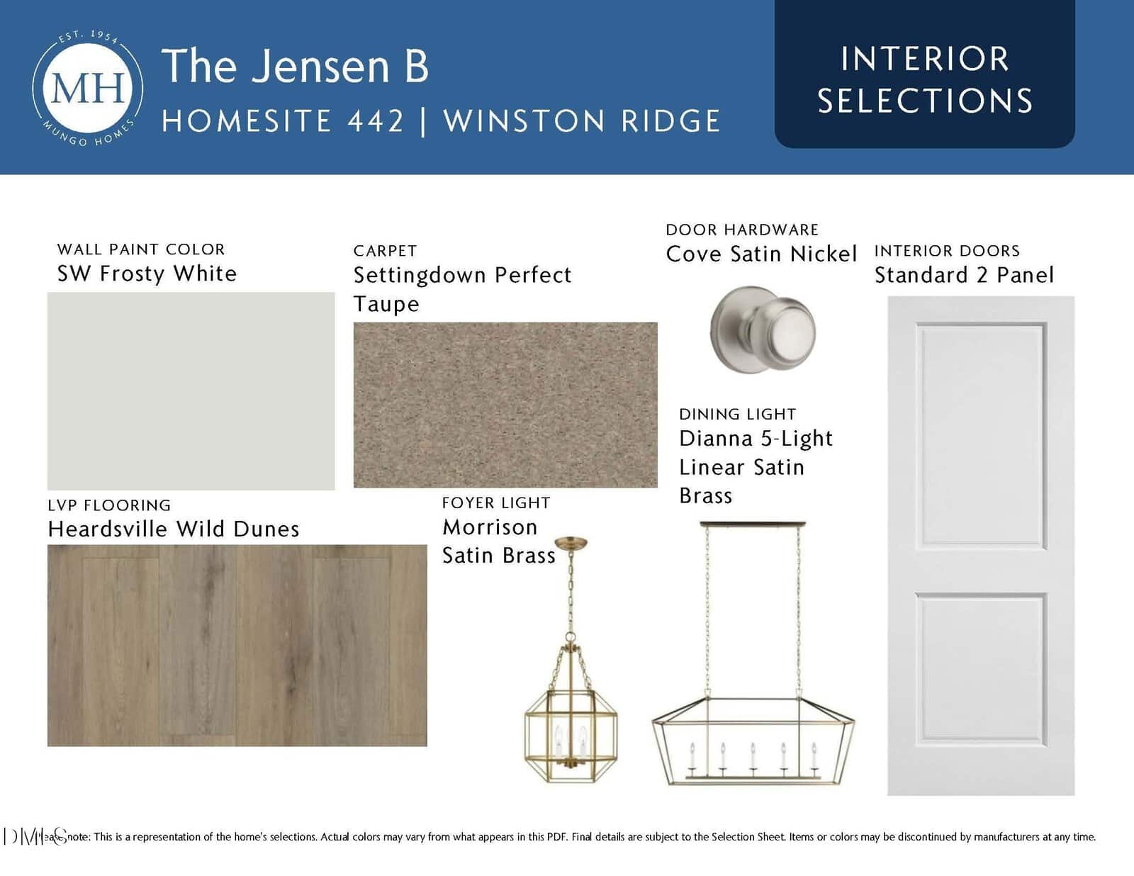 Interior selections board showing wall paint (SW Frosty White), taupe carpet, Heardsville Wind Slow LVP flooring, satin brass foyer light, satin nickel door hardware, 5-light brass chandelier, and a white 2-panel door.