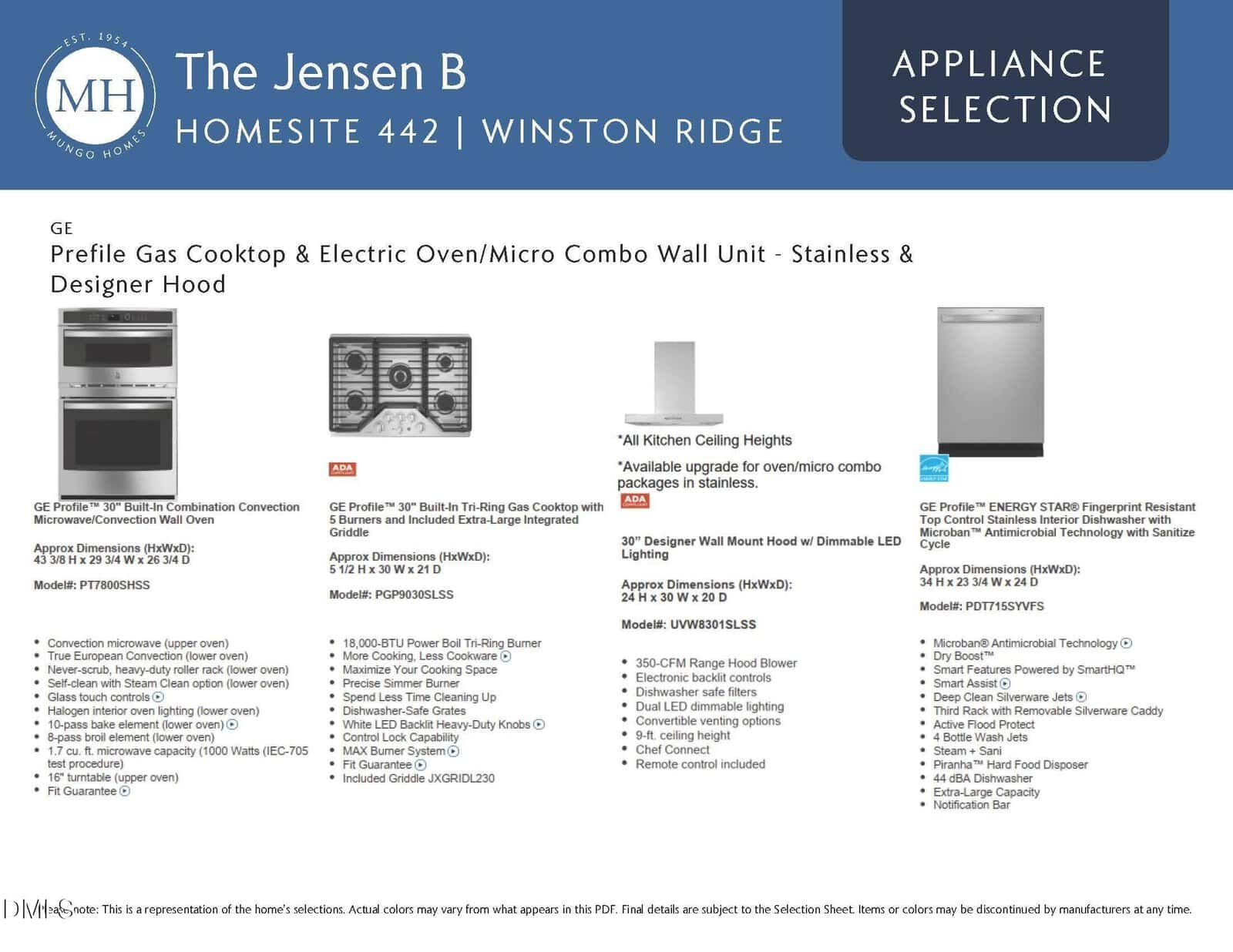 Appliance selection page for The Jensen B Homesite 442. Includes images and details for a GE cooktop, oven/microwave wall unit, stainless designer hood, and dishwasher, with specifications listed.