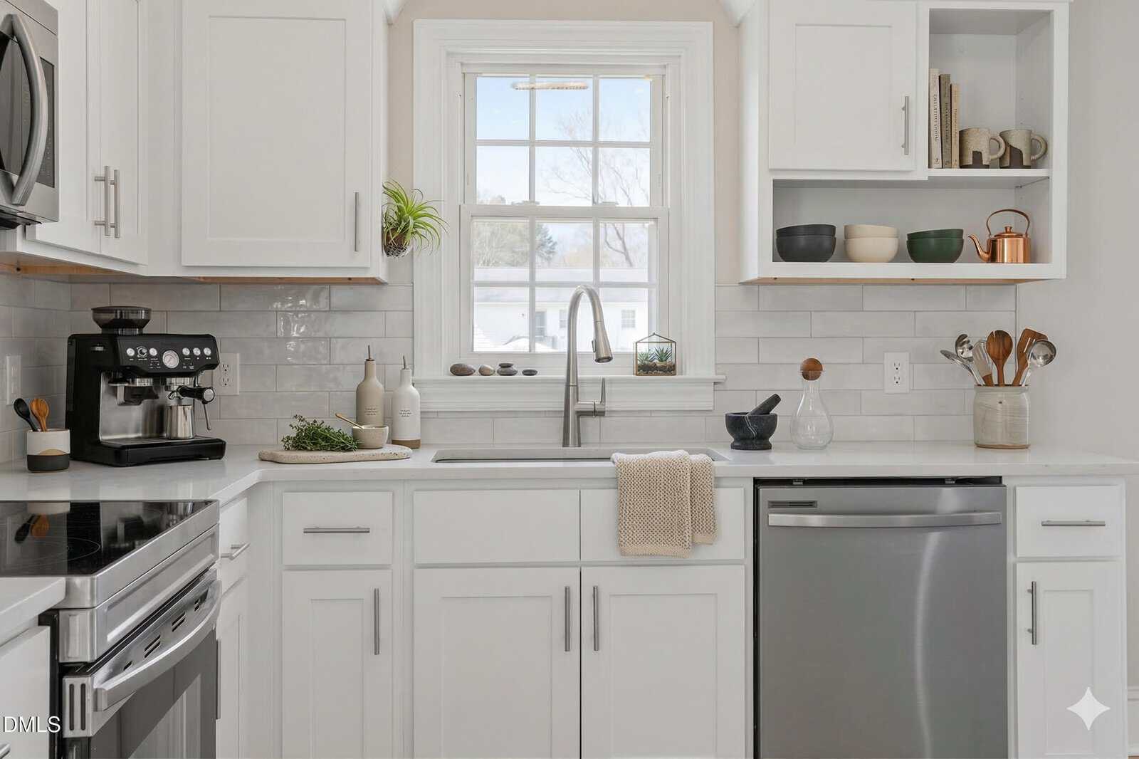 Modern white kitchen with stainless steel appliances, a coffee machine, sink under a window, open shelves with dishes, and a dishwasher. A beige towel hangs from the sink. Minimalist decor and potted plants are visible.