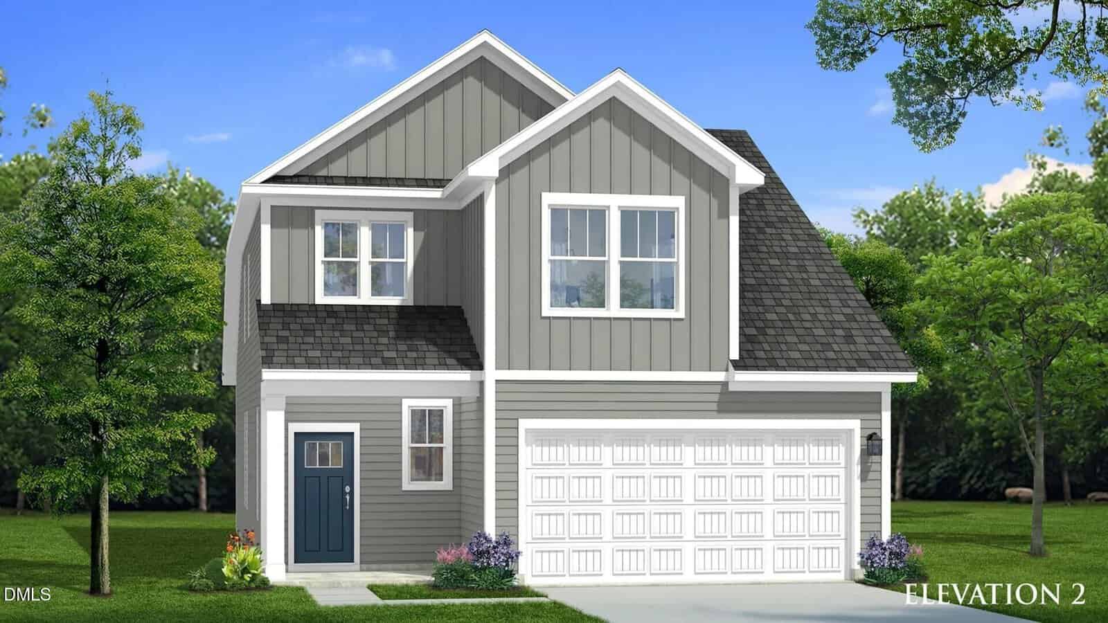 Two-story gray house with white trim, a double garage, blue front door, and multiple windows. Small shrubs and grass in front, trees and a blue sky in the background. Located in Franklinton at 18 Gerrard Street Lot 5. The label “Elevation 2” appears in the bottom right corner.
