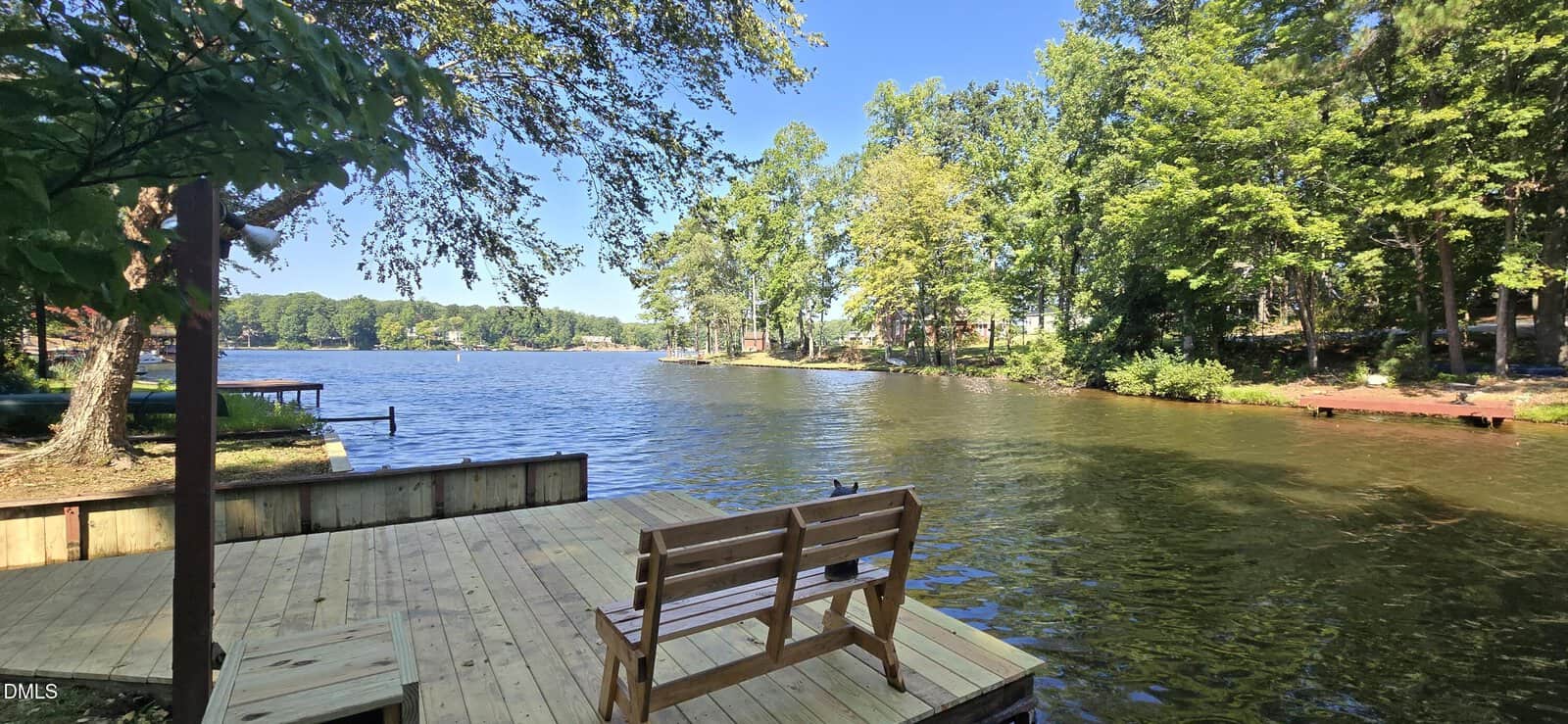 A wooden bench sits on a dock overlooking a calm lake surrounded by green trees under a clear blue sky.