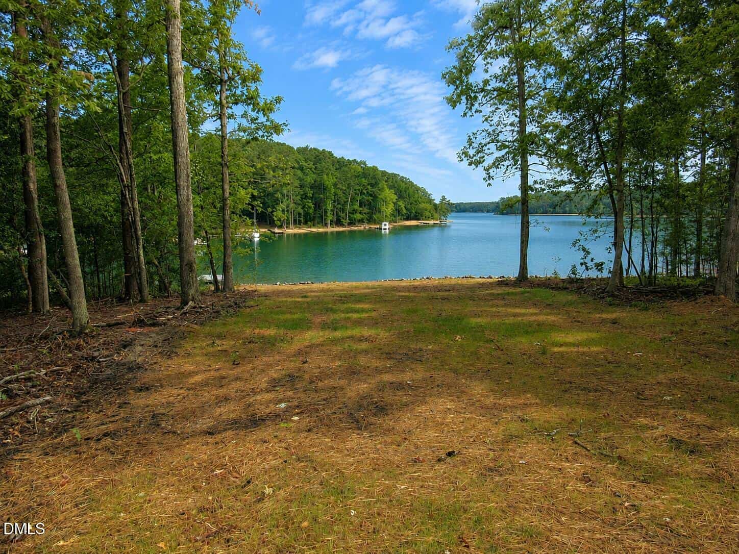 A grassy clearing surrounded by tall trees leads to a calm lake with a small dock visible across the water under a partly cloudy blue sky.