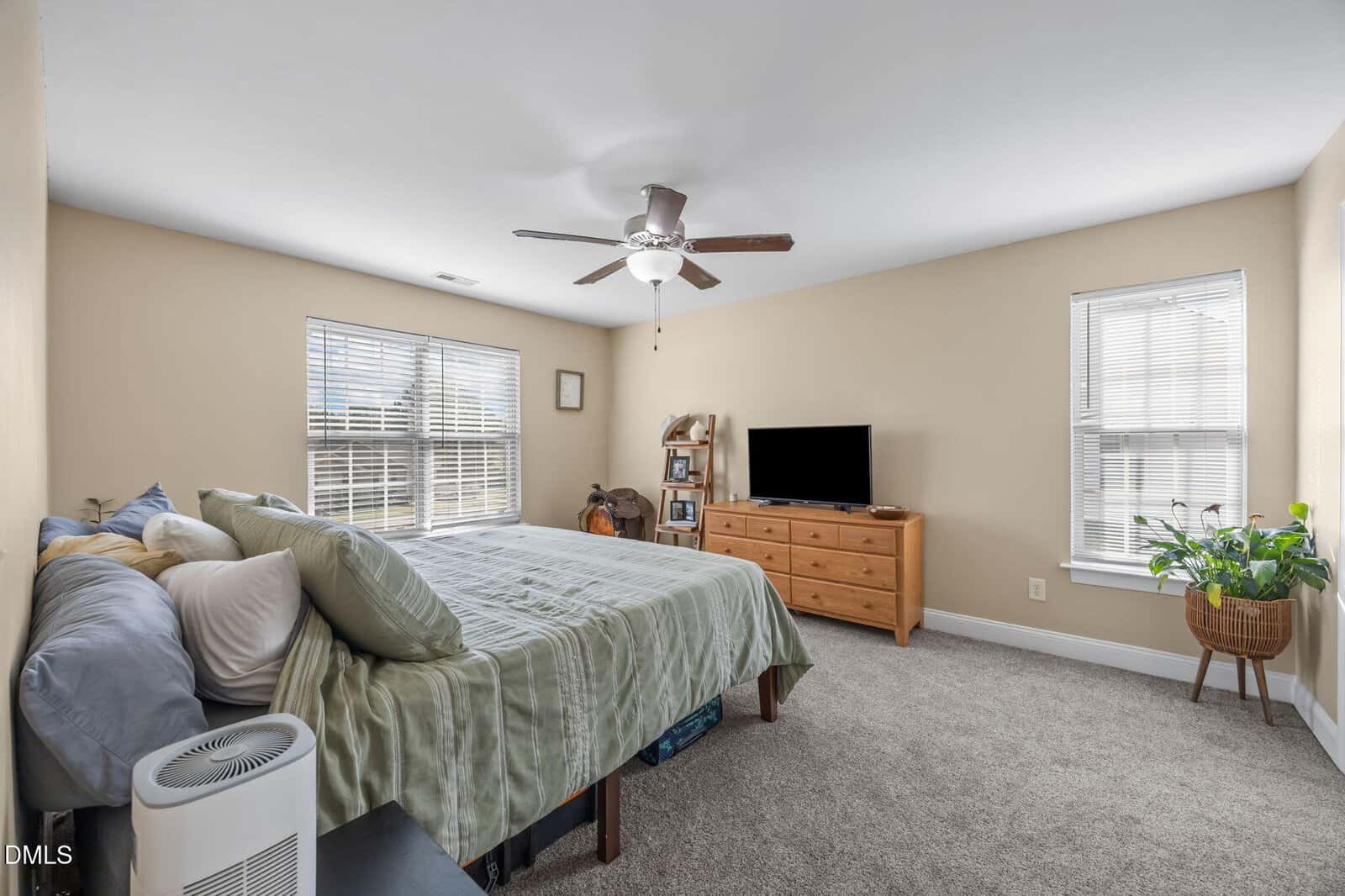 A bedroom with beige walls, a bed with green bedding, a ceiling fan, two windows, a wooden dresser with a TV, a potted plant, and various small items on the dresser and in the corner. Carpeted floor. Daylight from windows.