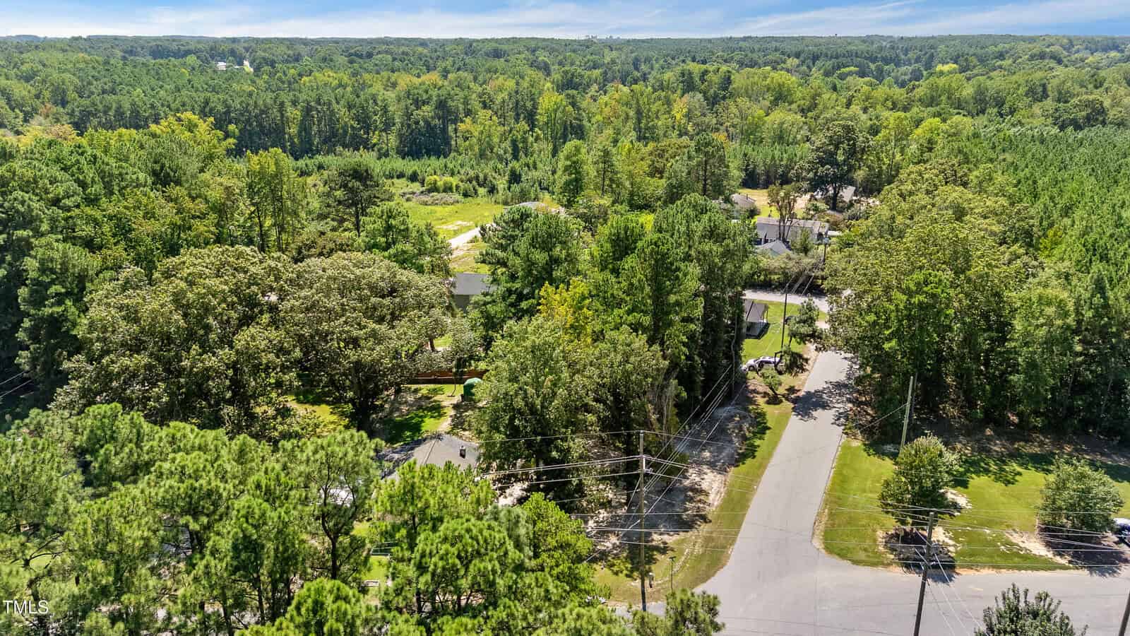 Aerial view of a suburban residential area surrounded by dense green trees, intersecting roads, and scattered houses under a partly cloudy sky.