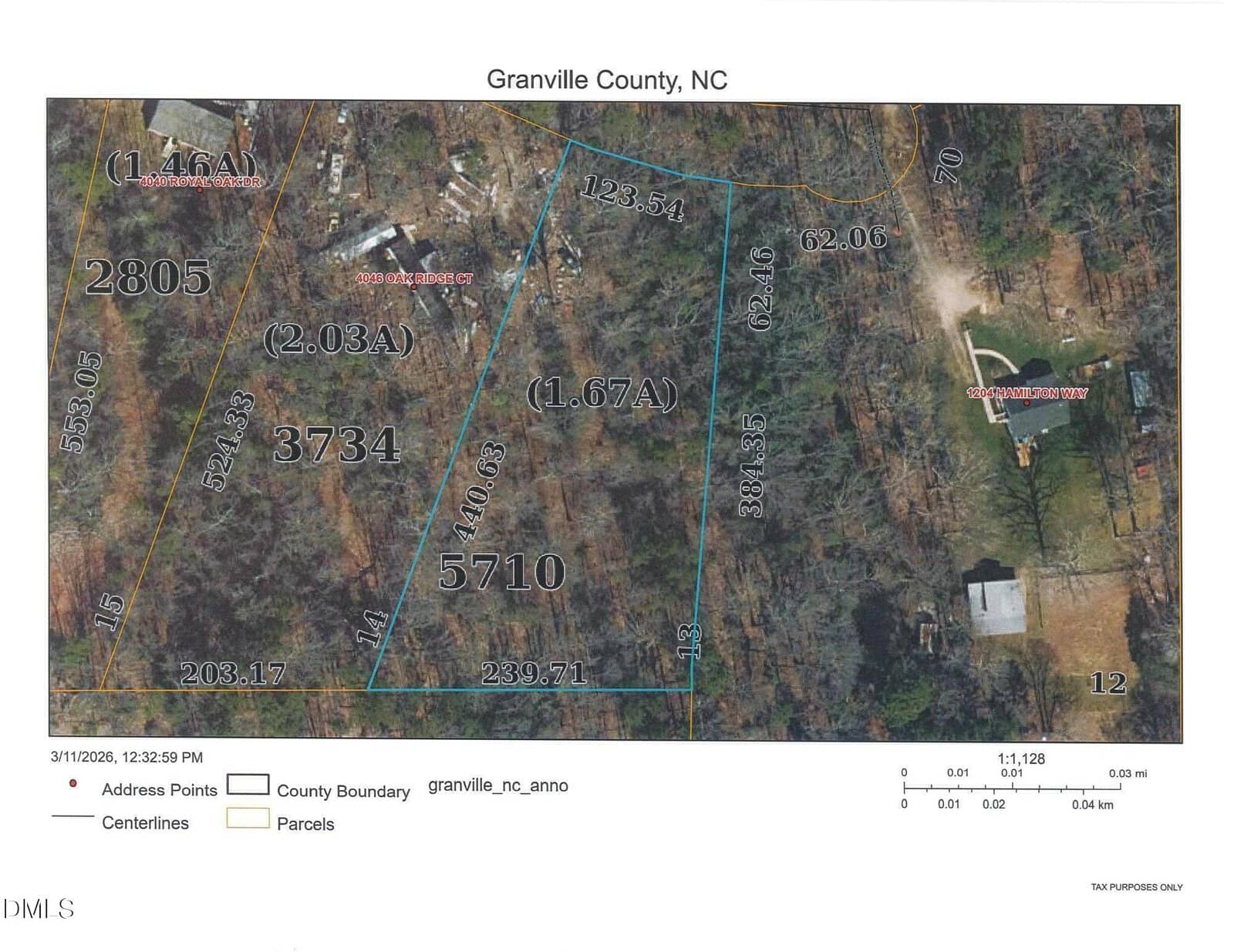 Aerial map of parcels in Granville County, NC. Parcel 5710 (1.67 acres) is outlined in blue among wooded areas. Surrounding parcels with acreage and numbers are labeled. Roads and some buildings are visible.