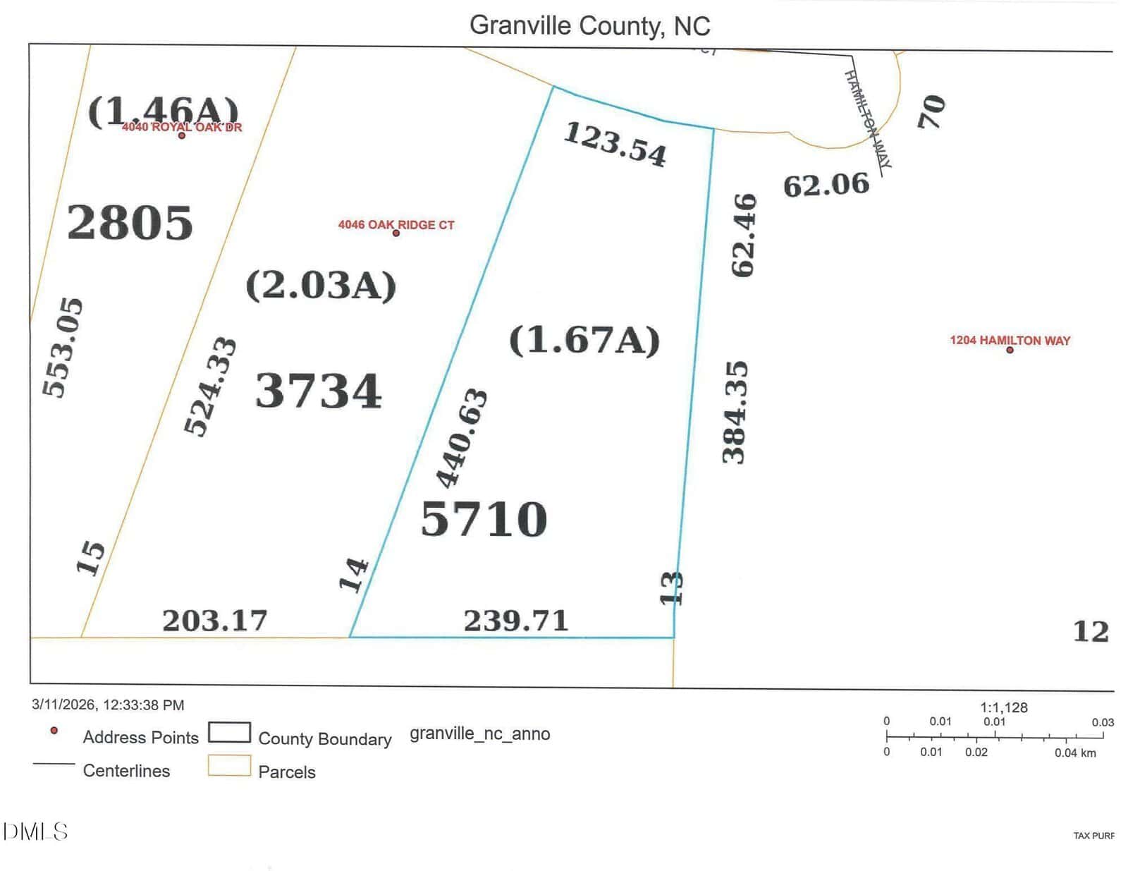 A parcel map of Granville County, NC, showing boundaries, parcel numbers (2805, 3734, 5710), acreages, point addresses (e.g., 4084 Oak Ridge Ct, 1244 Hamilton Way), and measurement distances along boundaries.