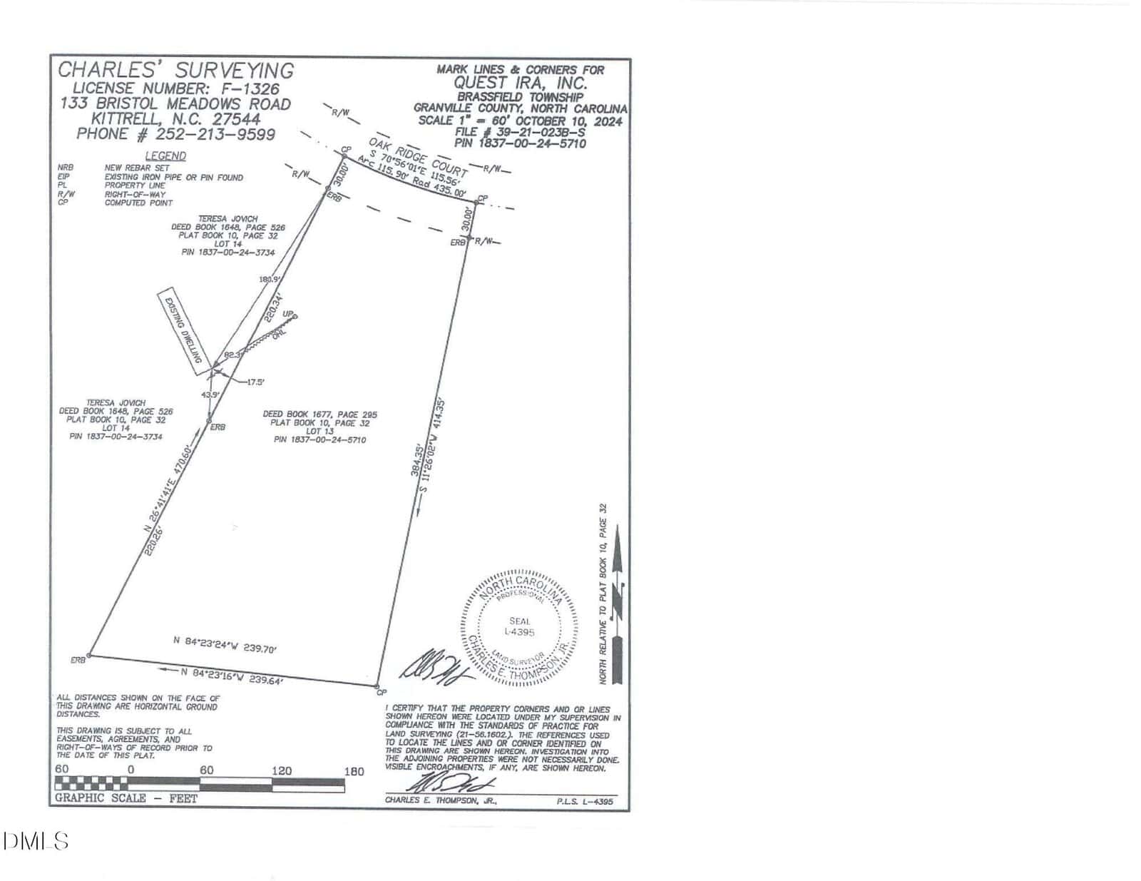 A black-and-white land survey map showing property boundaries, measurements in feet, angles, and adjacent roads. The document includes a title block with contact information for Charles' Surveying and certification details.