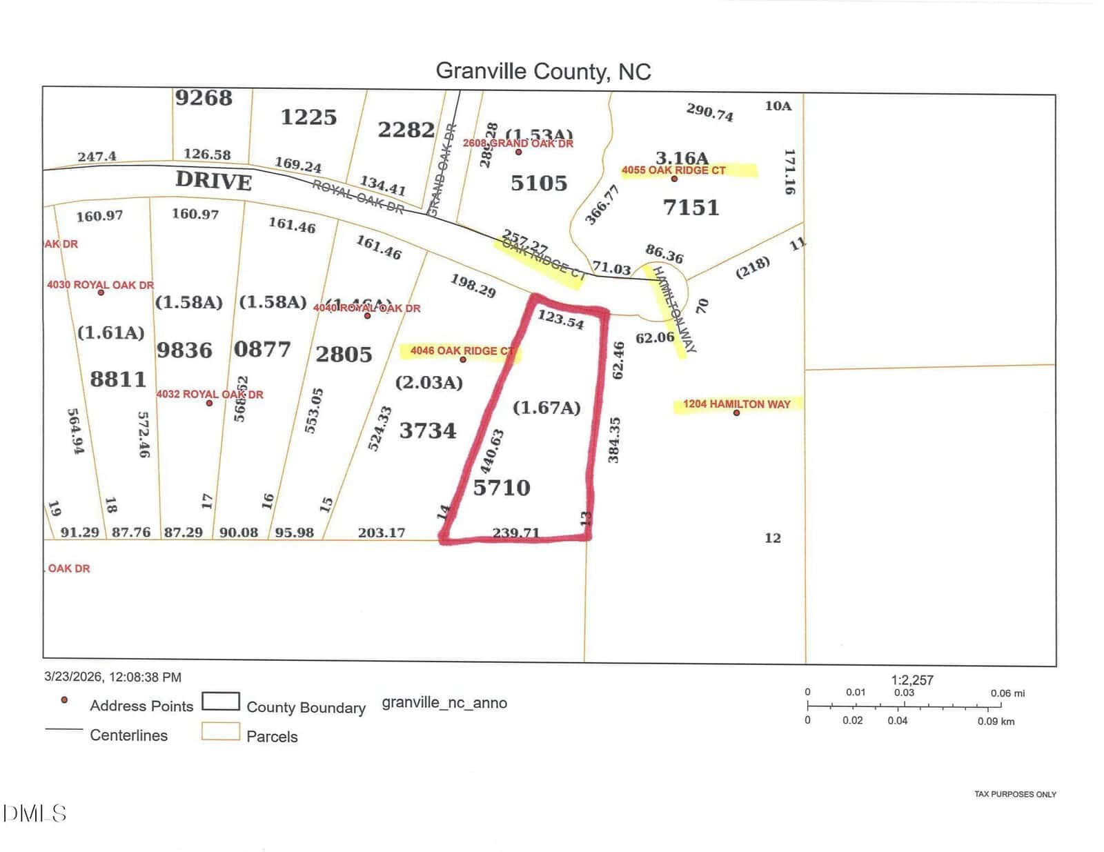 Parcel map of Granville County, NC, showing lot boundaries, numbers, and surrounding roads. One parcel, labeled 1.67A and numbered 5710, is outlined in red. Other nearby parcel numbers and roads are visible.