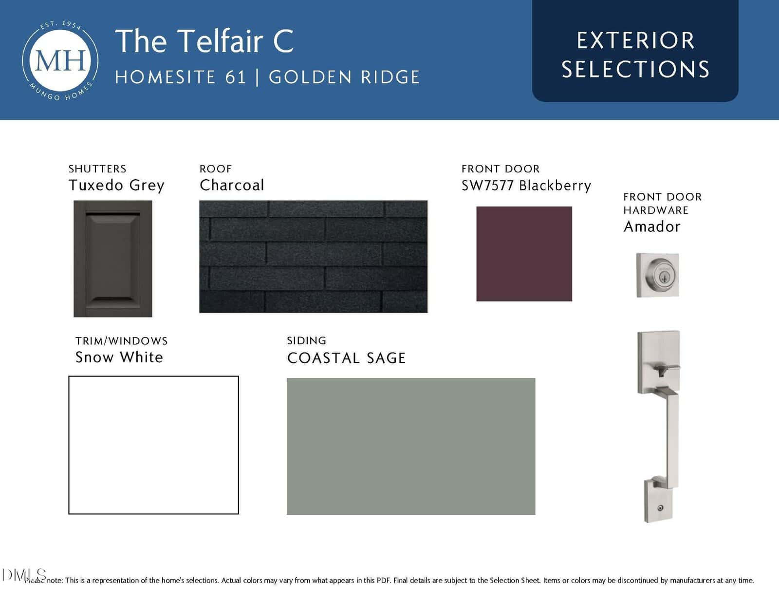 A home exterior selection board for The Telfair C model showing shutter color Tuxedo Grey, roof color Charcoal, front door color Blackberry, front door hardware Amador, trim color Snow White, and siding color Coastal Sage.