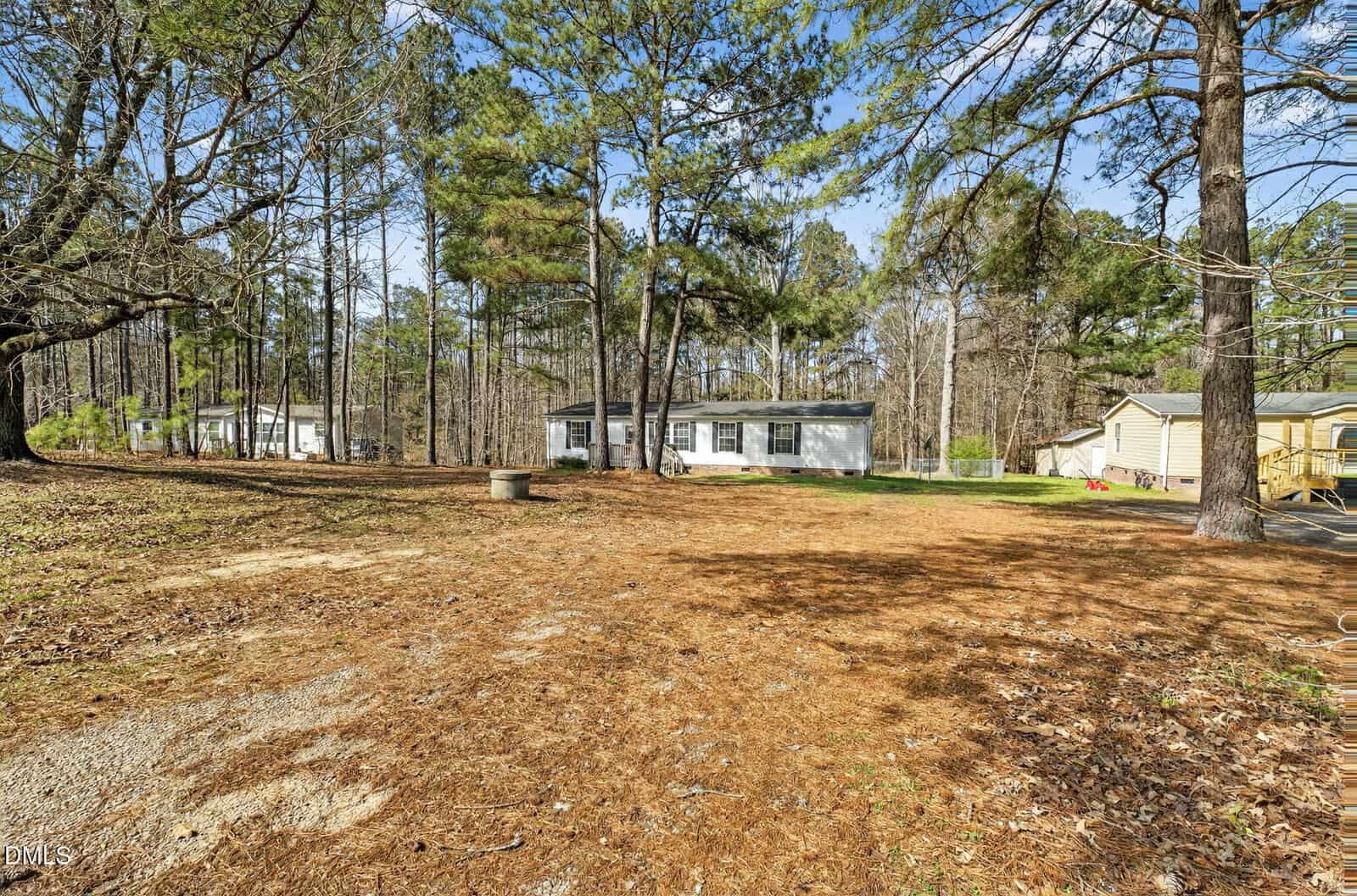 A single-story white house is centered among tall pine trees with a dirt and pine needle covered yard. Two other similar houses are visible in the background, along with a clear blue sky.