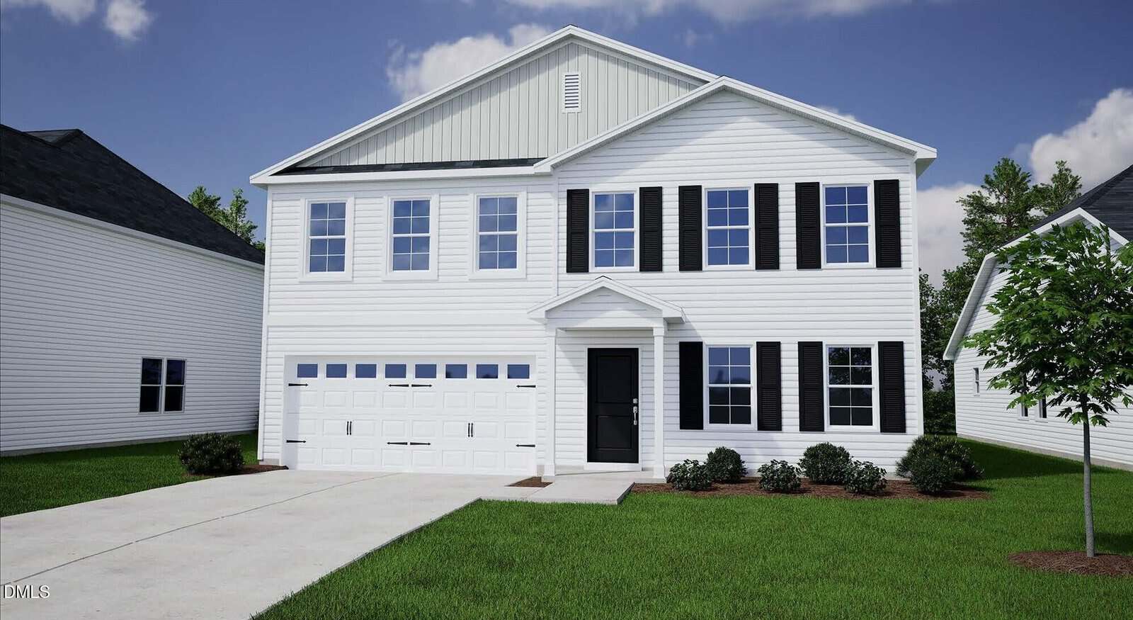 A two-story white house with black shutters, a black front door, attached two-car garage, and a concrete driveway. The front yard has green grass and small shrubs with two other houses visible on either side.