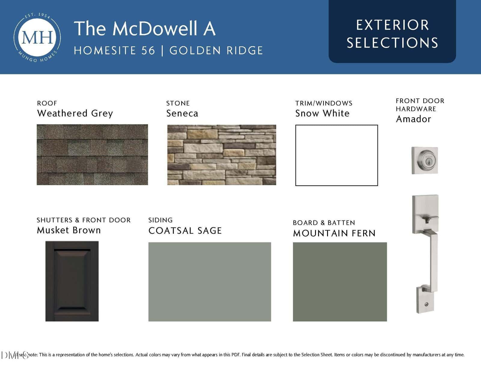 A selection board for The McDowell A, Homesite 56, Golden Ridge, showing exterior options: weathered grey roof, Seneca stone, snow white trim and windows, Amador front door hardware, musket brown shutters and doors, coastal sage siding, and mountain fern board and batten.