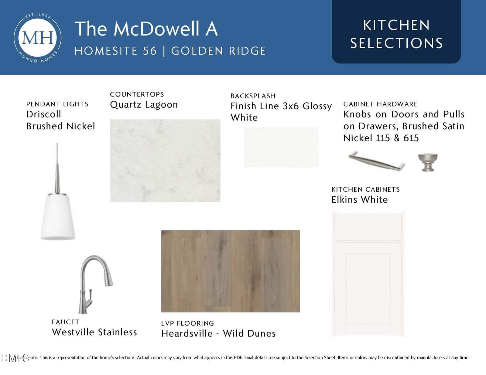 Kitchen selections for The McDowell A home include white quartz countertops, 3x6 glossy white backsplash, stainless steel faucet, brushed nickel pendant lights and hardware, white cabinets, and light wood-look LVP flooring.