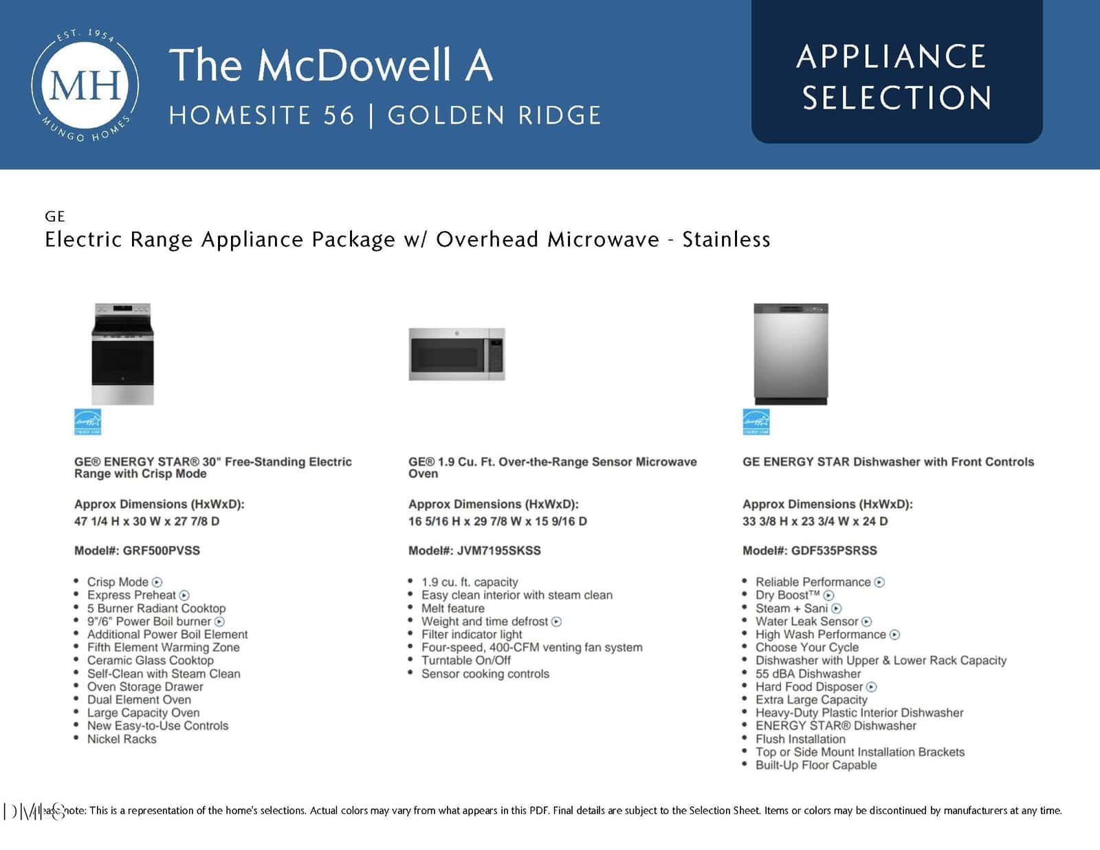 A flyer for The McDowell A home listing three stainless steel GE appliances: a freestanding electric range, an overhead microwave, and a dishwasher, each with model numbers, dimensions, and brief descriptions.