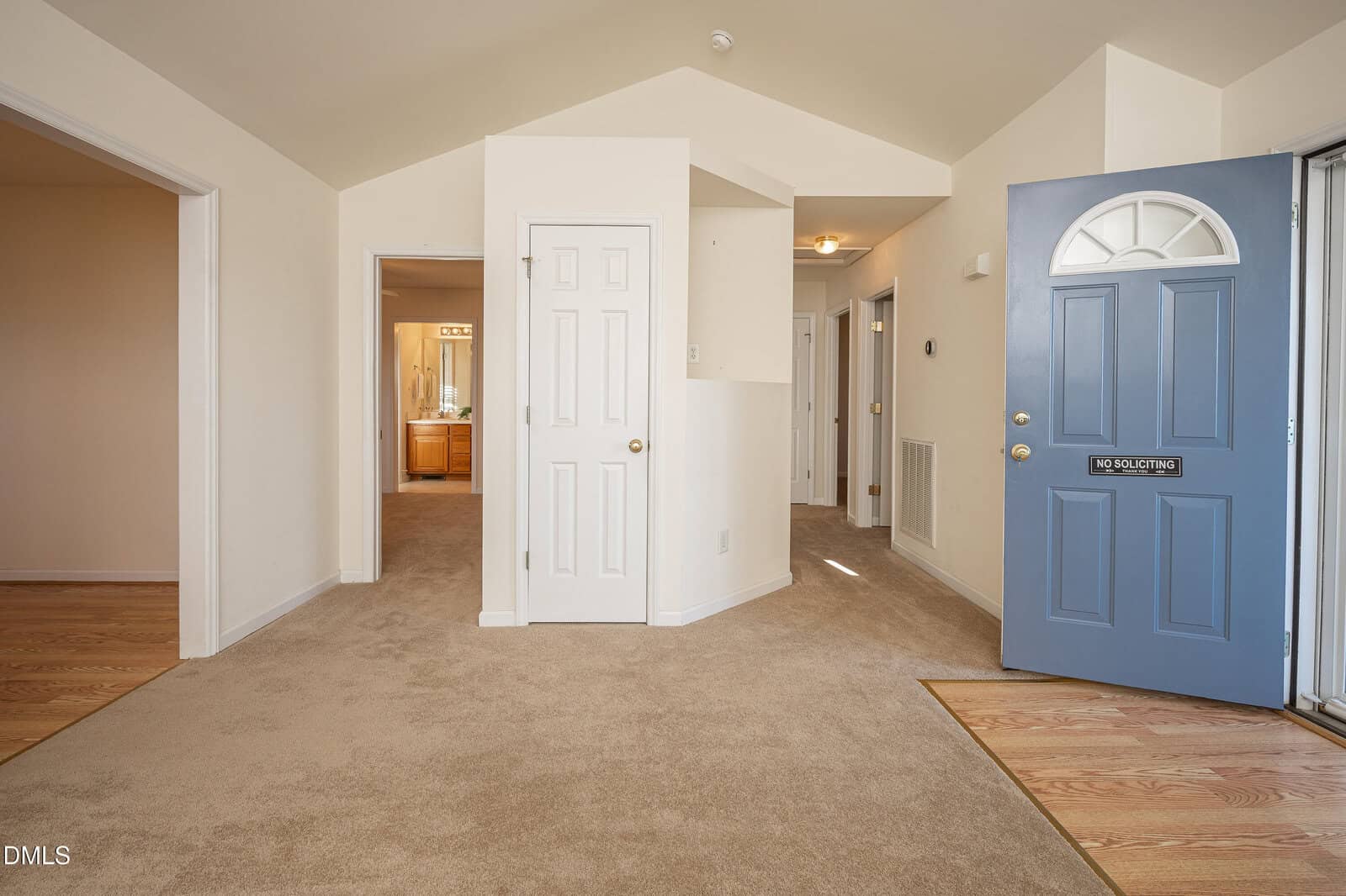 A view of a home's entryway with beige carpet, a blue door open to the outside, white walls, and three doorways leading to other rooms. A bathroom with a vanity is visible through one doorway.