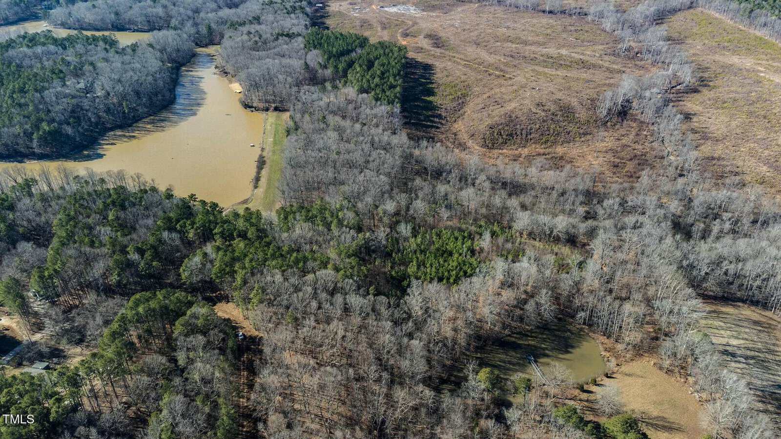 Aerial view of a wooded landscape with a large pond on the left, a smaller pond on the lower right, and patches of leafless and evergreen trees separated by open brown fields.