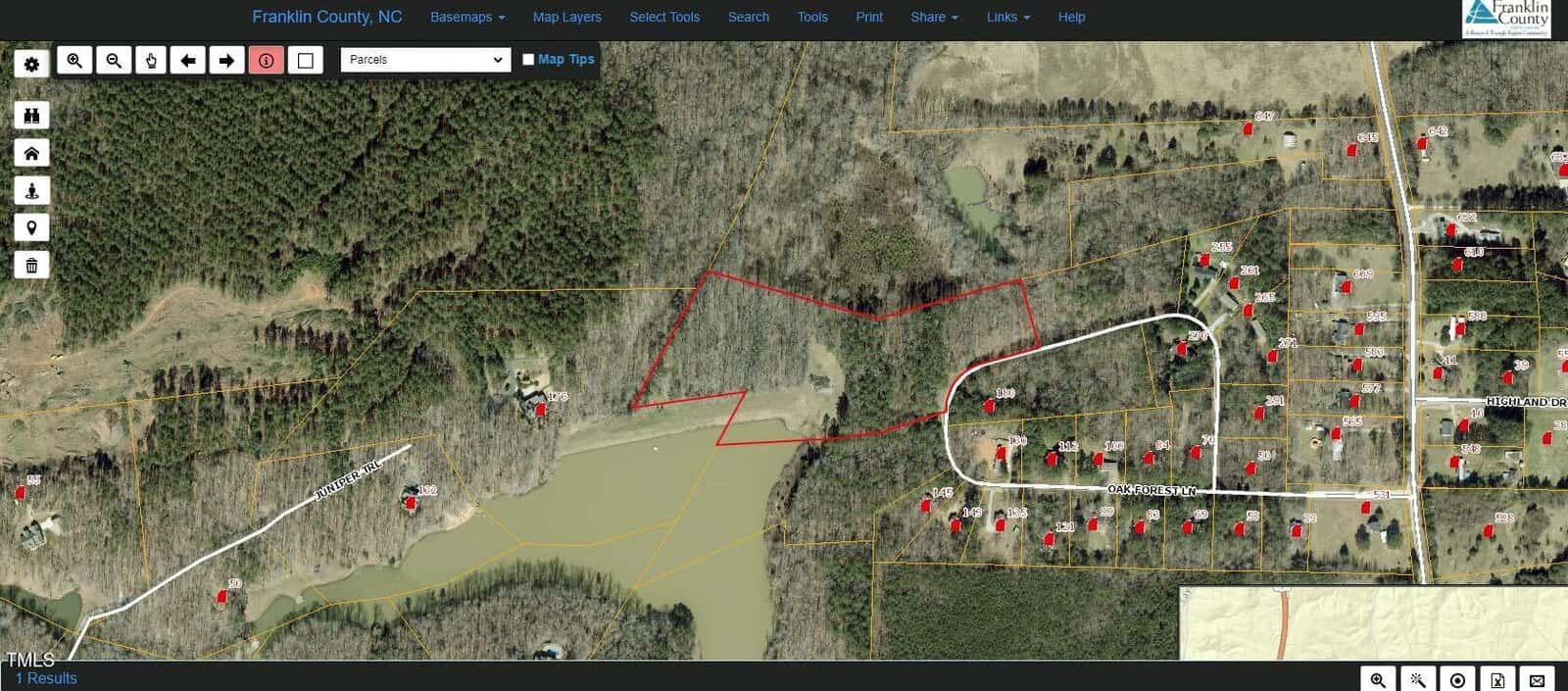 A satellite map of Franklin County, NC shows property lines, roads, a pond, and wooded areas. One irregularly shaped property is outlined in red. Houses and lot numbers are visible on the right side.