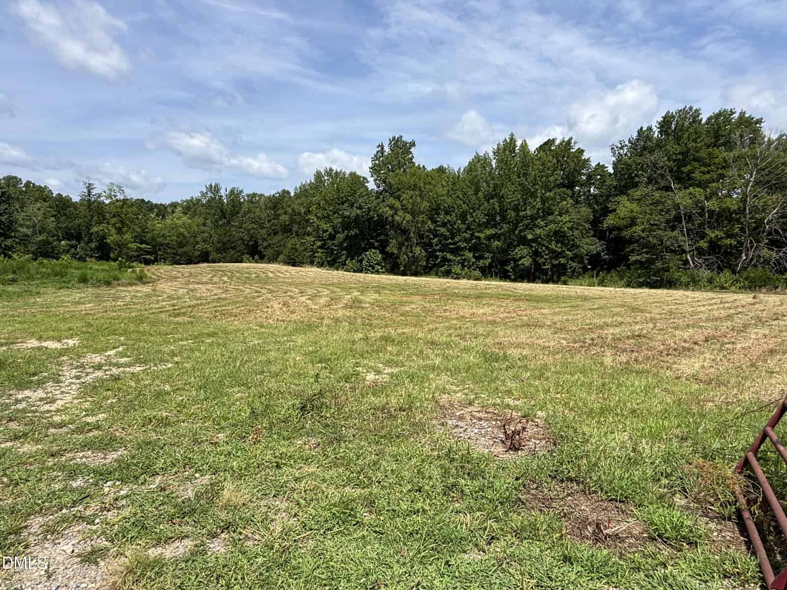 A grassy, partially mowed open field with scattered patches of bare soil in the foreground, bordered by dense green trees under a partly cloudy sky.