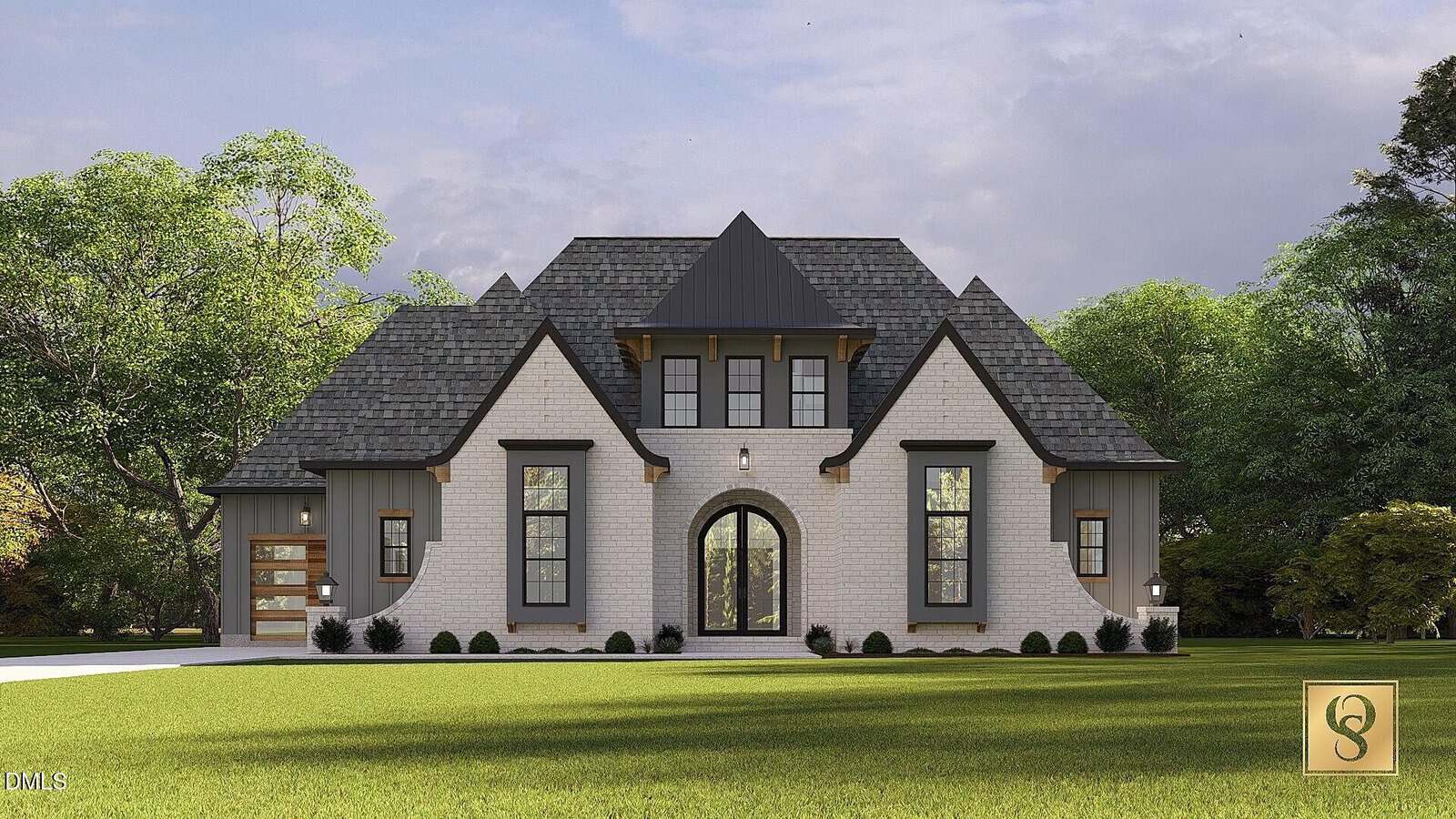 A modern two-story house at 1119 Dovefield Lane, Youngsville, with a gray shingled roof, white brick exterior, arched central entrance, large windows, and a landscaped front yard surrounded by green trees under a partly cloudy sky.