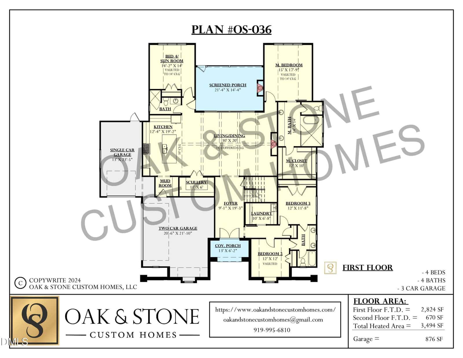 Floor plan for a single-story, 4-bedroom home featuring a 3-car garage, office, media room, primary suite, open kitchen and living area, dining room, utility room, foyer, and a screened porch at the rear.