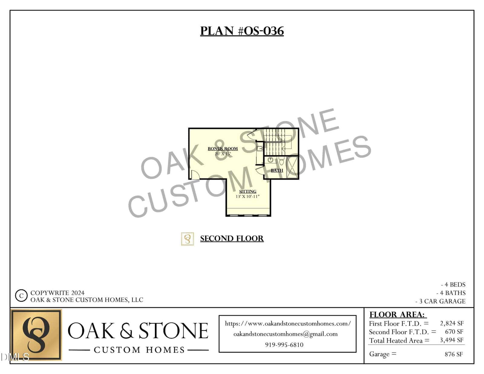 Floor plan of the second floor showing a bonus room and a staircase on the right side. The plan is titled "PLAN #OS-036" by Oak & Stone Custom Homes. Company contact details are at the bottom.