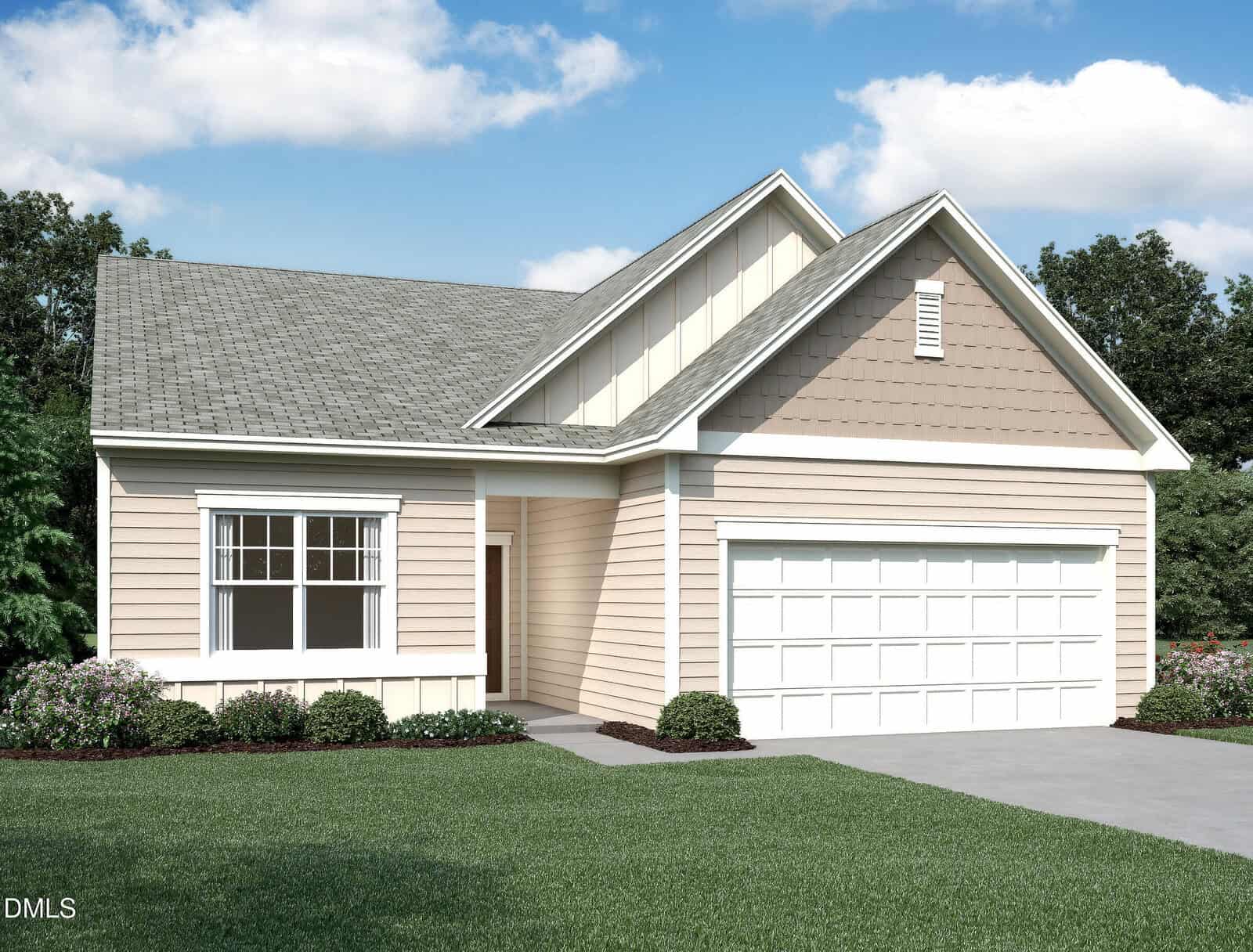 A single-story, beige house with white trim, a gray shingled roof, and an attached two-car garage. There are bushes along the front and a driveway leading to the garage. Blue sky with scattered clouds overhead.