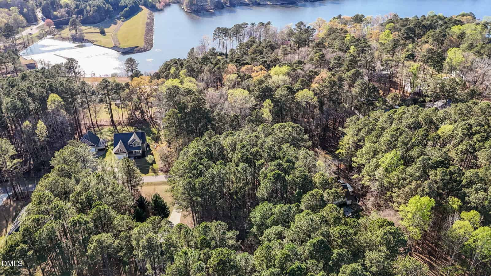 Aerial view of wooded area with houses, a road winding through the trees, and a lake in the background reflecting sunlight.