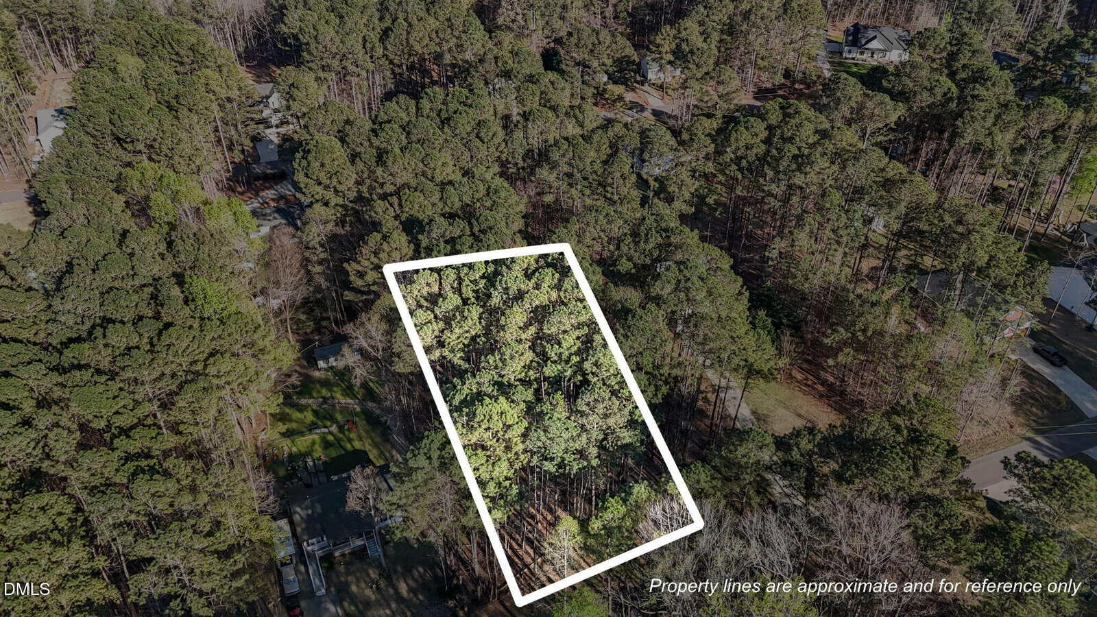 A wooded lot outlined in white is shown from above, surrounded by dense trees and nearby houses. A small road is visible at the bottom. Text notes the property lines are approximate and for reference only.
