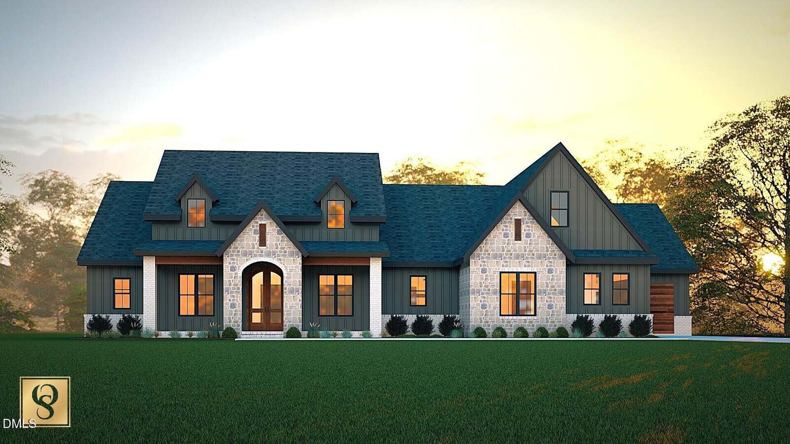 A modern farmhouse-style home with dark blue siding, white stone accents, gabled rooflines, wooden front doors, and a spacious front lawn, pictured at sunset with trees in the background.