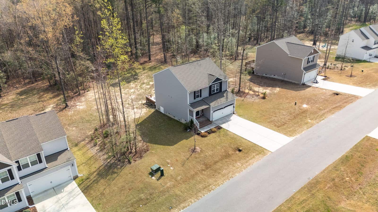 Aerial view of a suburban street with three two-story houses, each with a driveway and lawn. The neighborhood borders a wooded area with tall trees in the background. The street is empty of vehicles and people.