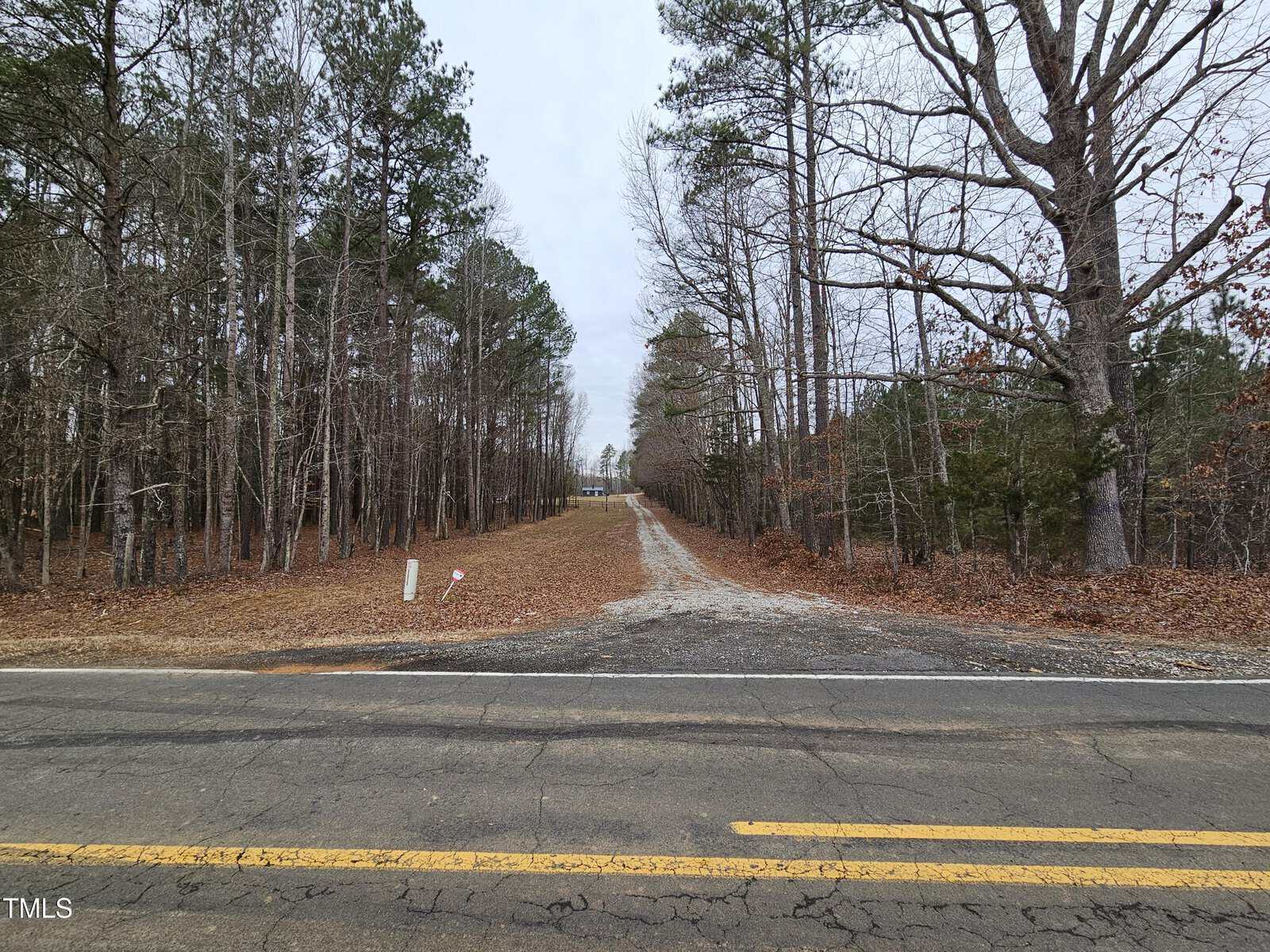 A gravel driveway extends from a paved road into a wooded area with tall trees on both sides. The trees have sparse leaves, suggesting late autumn or winter. The sky is overcast.