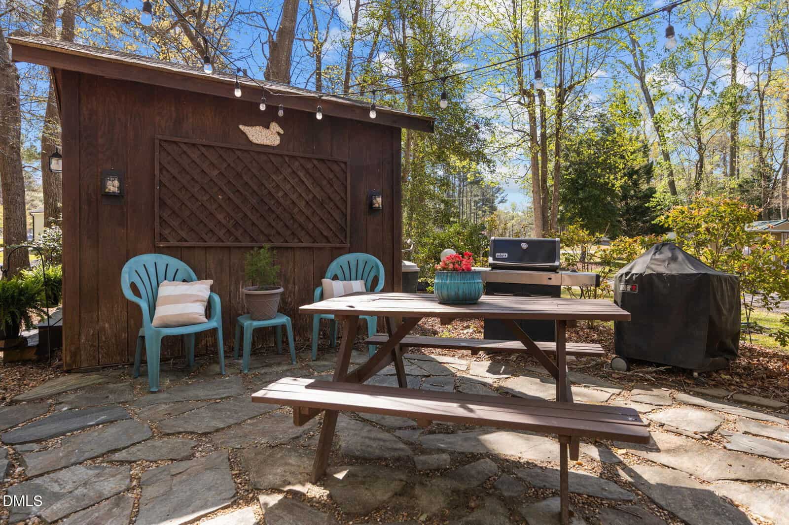 A rustic backyard patio with a wooden picnic table, two blue chairs, potted plants, a grill, string lights, and a wooden shed, surrounded by trees and greenery on a sunny day.