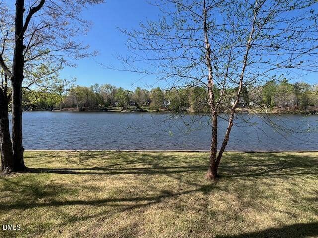 A grassy shoreline with a few trees in the foreground overlooks a calm lake, with more trees and houses visible on the opposite bank under a clear blue sky.