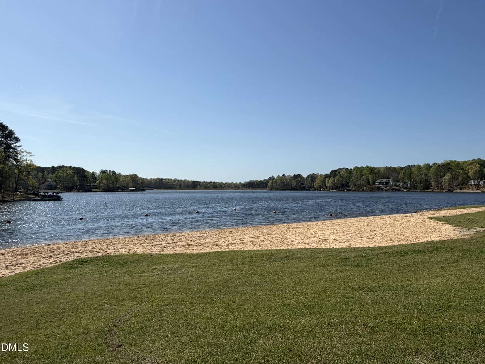 A sandy beach meets a grassy area beside a calm lake, with trees lining the distant shore under a clear blue sky. Red buoys float in the water, and a dock with boats is visible on the left.
