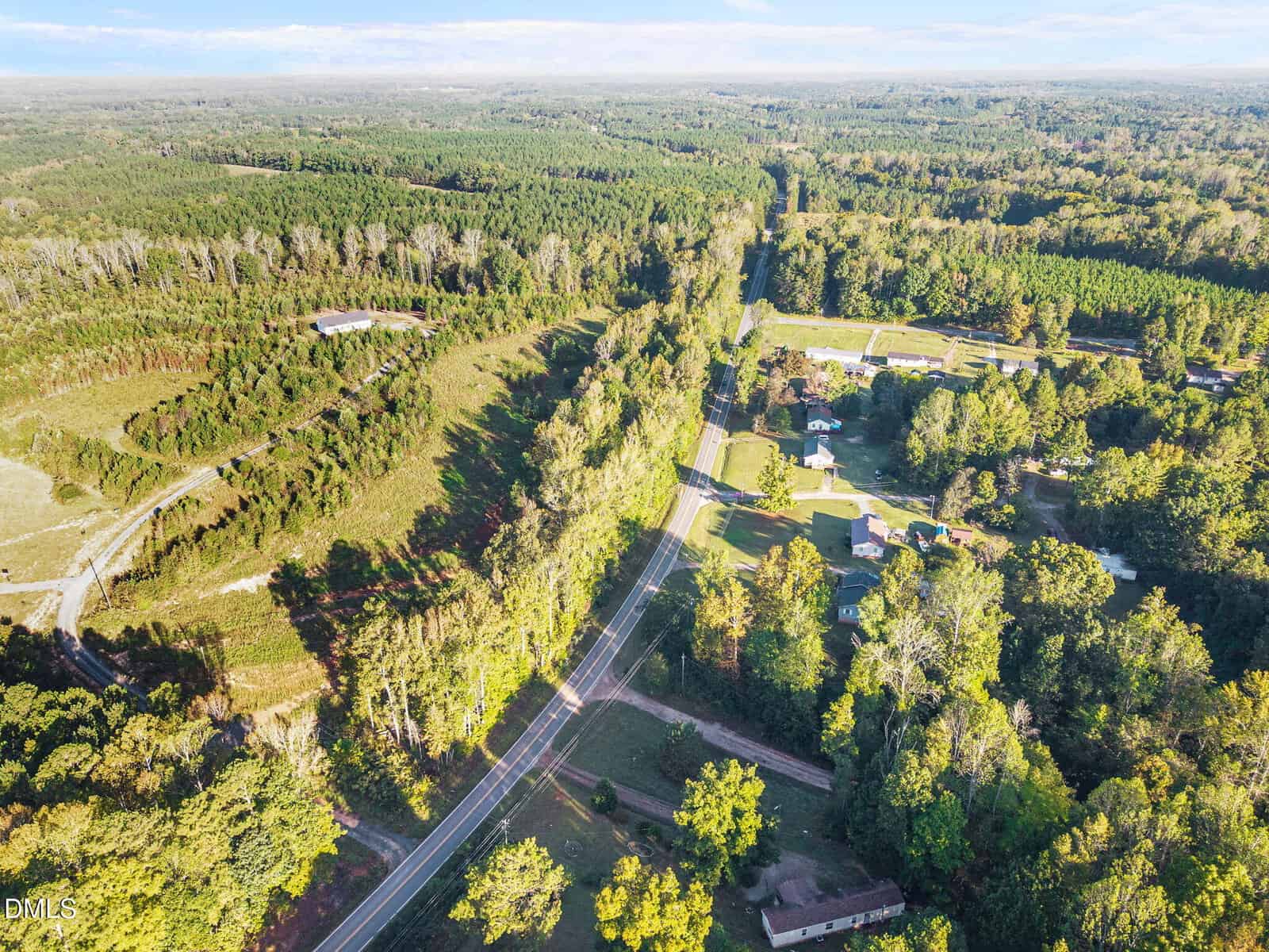 Aerial view of a rural area with a winding road, scattered houses, and dense green trees on both sides. Fields and forests stretch into the distance under a clear blue sky.