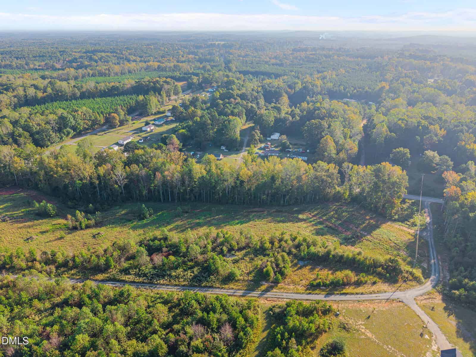 Aerial view of a rural landscape with a partially cleared area, trees, a winding dirt road, and scattered houses in the distance under a clear sky. Dense forest surrounds the open land.