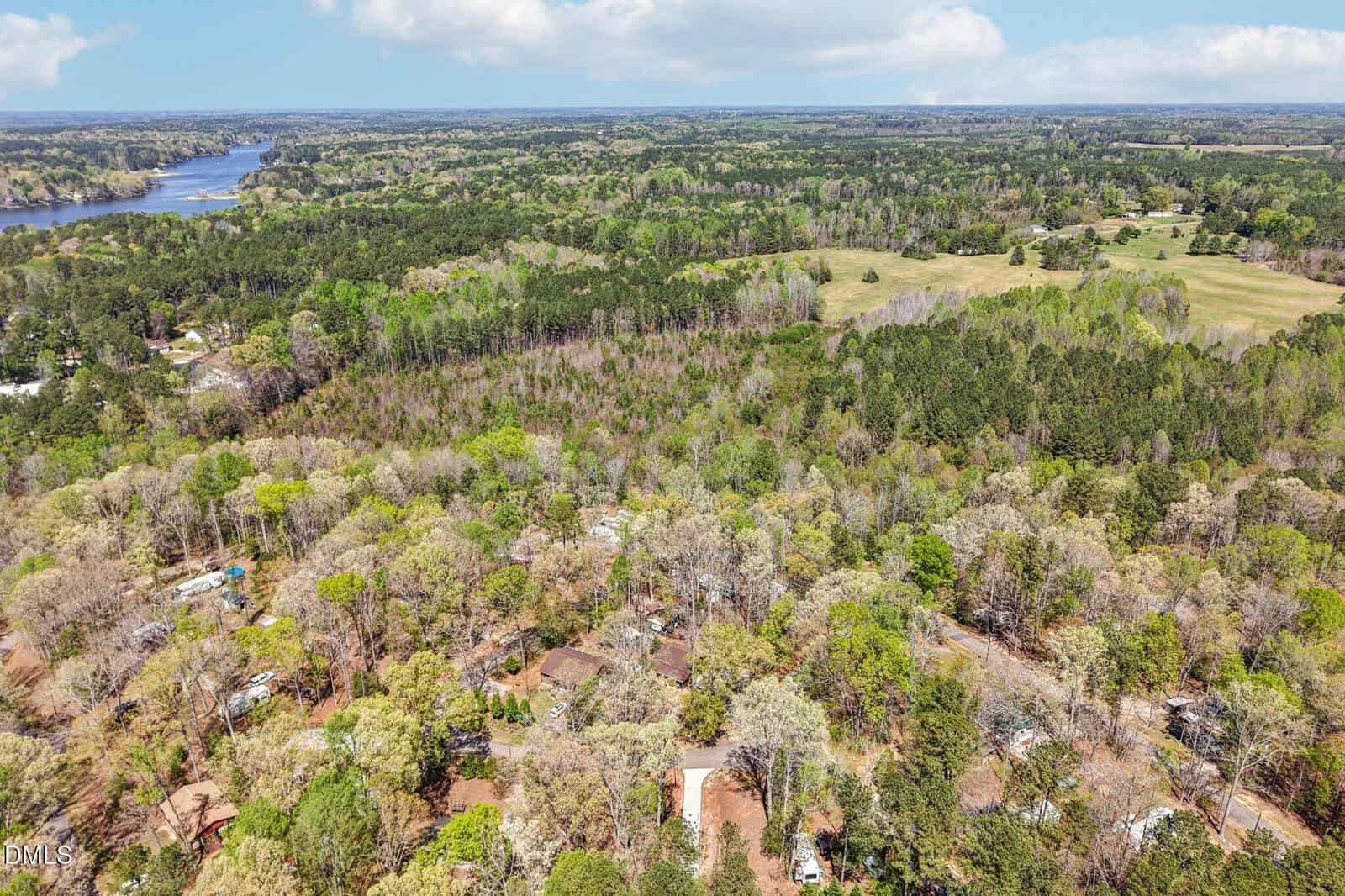 Aerial view of a wooded residential area with scattered houses, surrounded by dense green trees and open fields. A river is visible in the upper left, and the sky is partly cloudy.