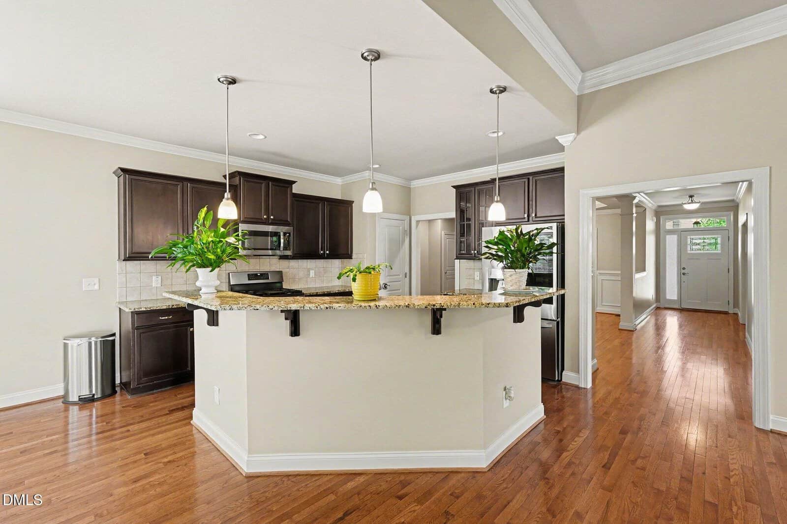 Modern kitchen with dark wood cabinets, granite island countertop, stainless steel appliances, hanging pendant lights, and two green plants on the counter. Hardwood floors extend into a hallway with white trim.