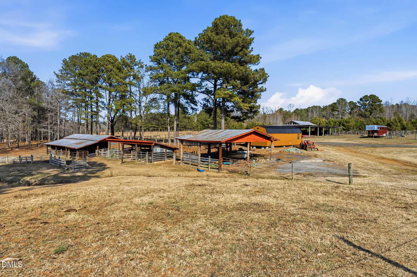 A rural farm scene with barns, fenced animal pens, and tall pine trees under a blue sky. The ground is dry and partially grassy, with a dirt road curving near the buildings.