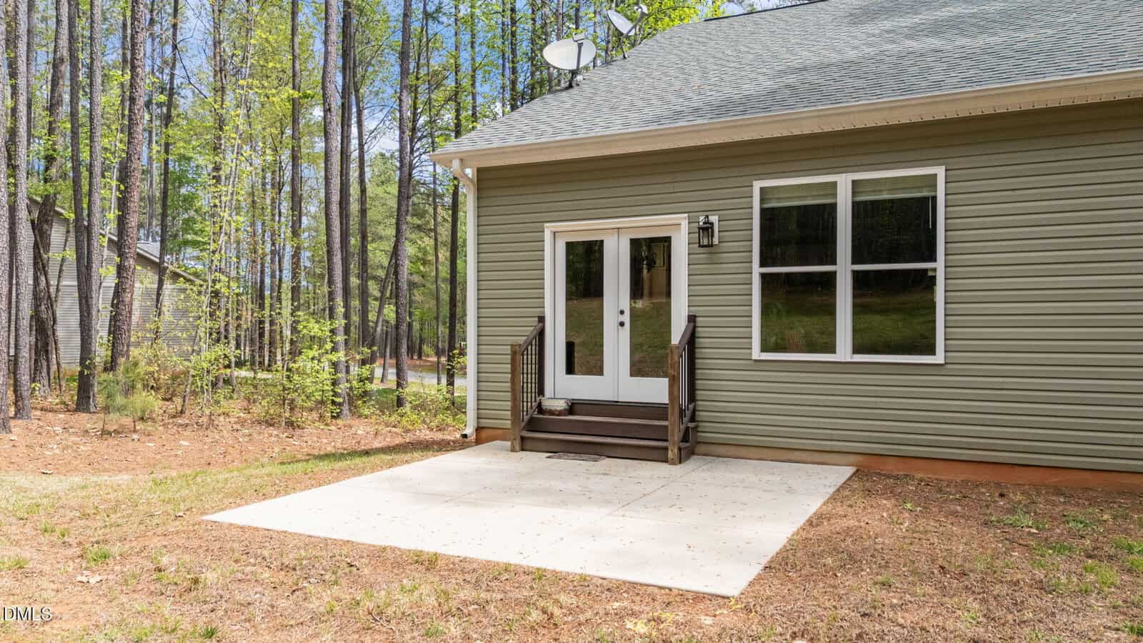 A small concrete patio with steps leading to double doors on a green house, surrounded by trees and light brown grass.