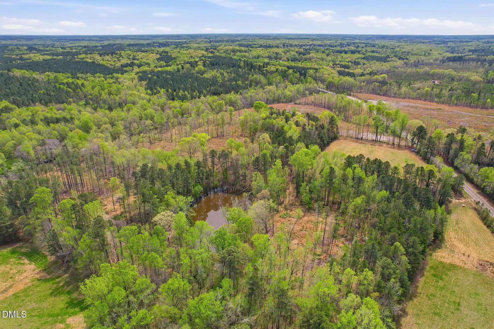 Aerial view of a wooded rural landscape with a small pond in the center, surrounded by green trees and open fields under a partly cloudy sky. A road runs along the right edge of the image.