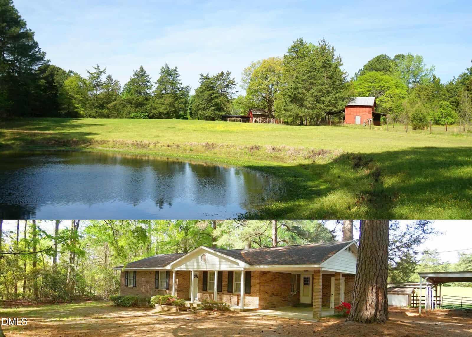 Top: A grassy field with a pond and a red barn surrounded by trees in scenic Zebulon. Bottom: A one-story brick house with a covered porch at 4319 Pearces Road, set among tall trees and shaded by sunlight.